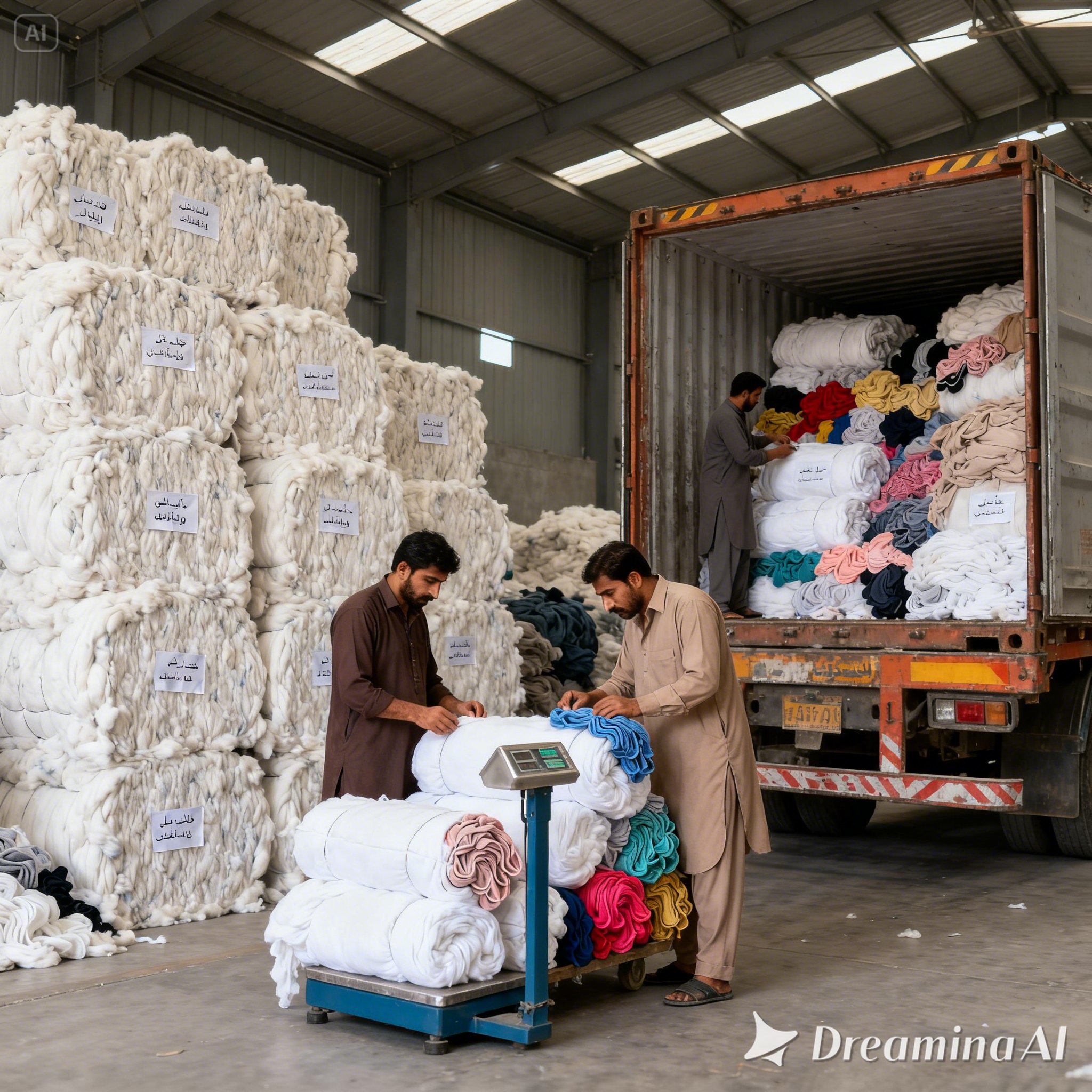 Textile materials being prepared for dispatch in a Pakistan warehouse